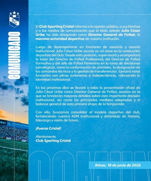 Sporting Cristal designó a Julio César Uribe como su nuevo Director General de Fútbol